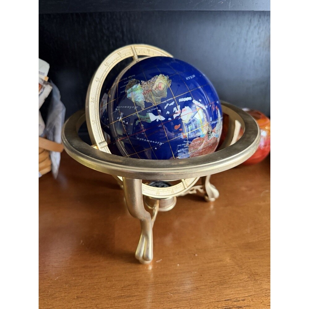 9" Lapis Lazuli Gemstone World Globe Brass Stand Compass Accent Executive Decor